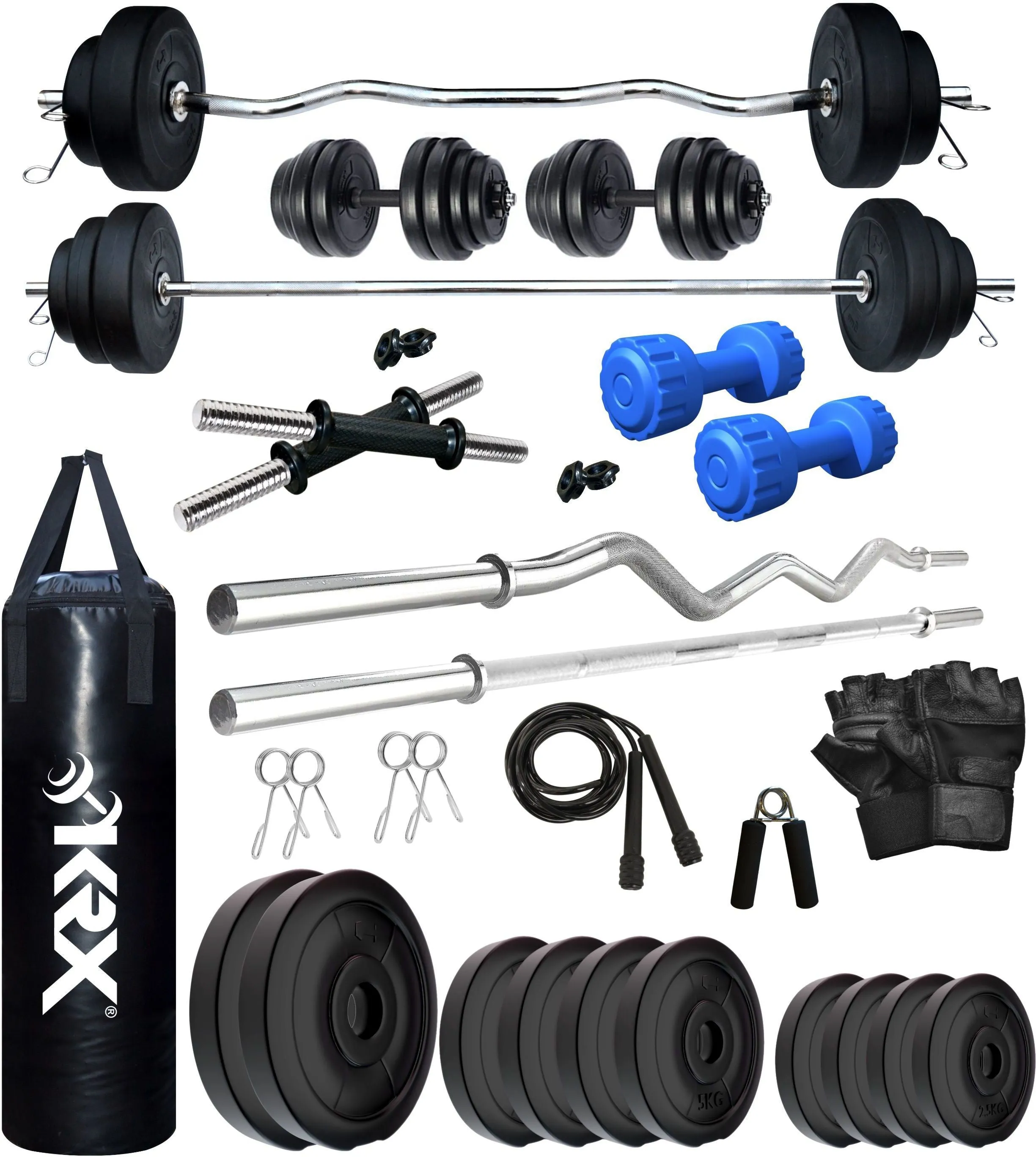 50 kg PVC Combo with Unfilled Punching Bag & PVC Dumbbells | Home Gym | ( 2.5 Kg x 4 = 10 Kg   5 Kg x 4 = 20Kg   10 Kg x 2 = 20Kg )