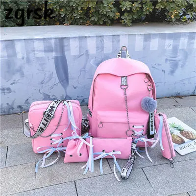 Backpack Canvas 5pcs sets Chain USB Women Backpack Teenager Shoulder Bag Student School Bags