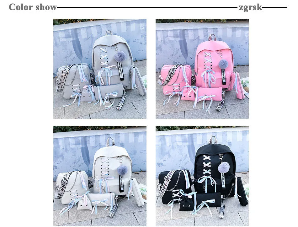 Backpack Canvas 5pcs sets Chain USB Women Backpack Teenager Shoulder Bag Student School Bags