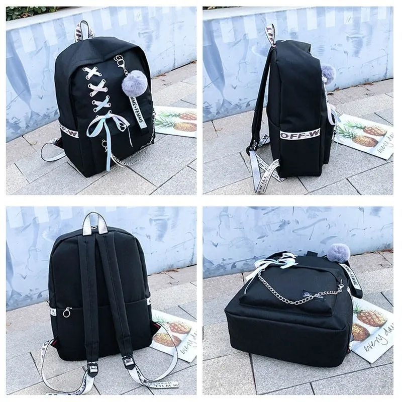 Backpack Canvas 5pcs sets Chain USB Women Backpack Teenager Shoulder Bag Student School Bags