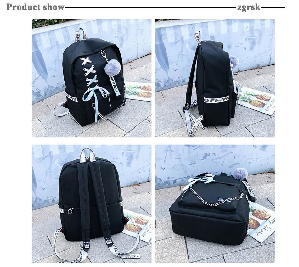 Backpack Canvas 5pcs sets Chain USB Women Backpack Teenager Shoulder Bag Student School Bags