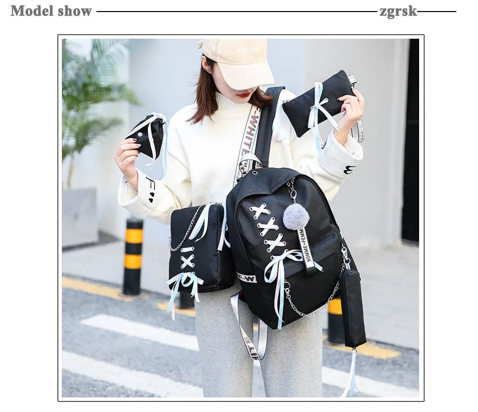 Backpack Canvas 5pcs sets Chain USB Women Backpack Teenager Shoulder Bag Student School Bags