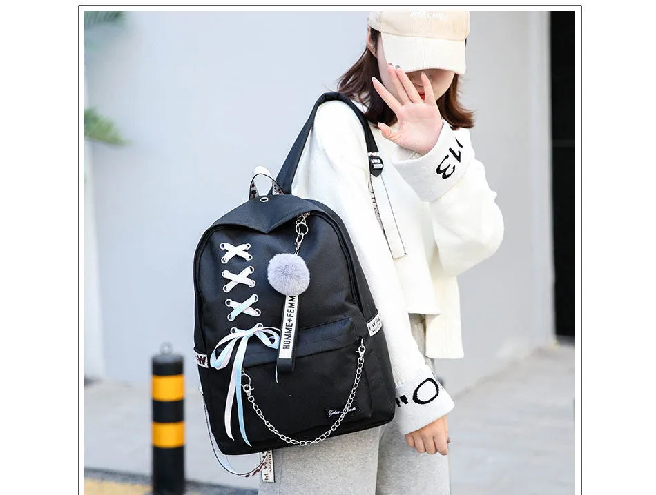 Backpack Canvas 5pcs sets Chain USB Women Backpack Teenager Shoulder Bag Student School Bags