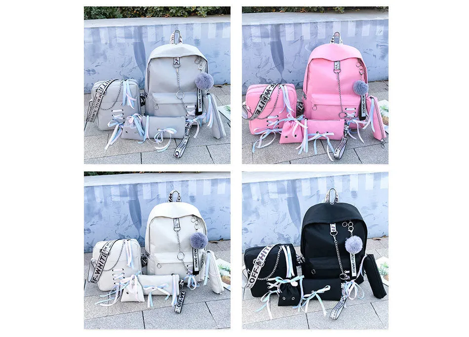 Backpack Canvas 5pcs sets Chain USB Women Backpack Teenager Shoulder Bag Student School Bags