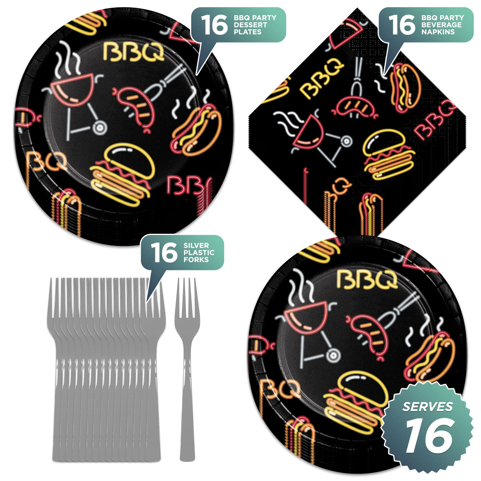 BBQ Party Supplies - City Grillin' Neon Barbeque Paper Dessert Plates, Beverage Napkins, and Forks (Serves 16)