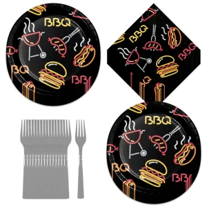 BBQ Party Supplies - City Grillin' Neon Barbeque Paper Dessert Plates, Beverage Napkins, and Forks (Serves 16)