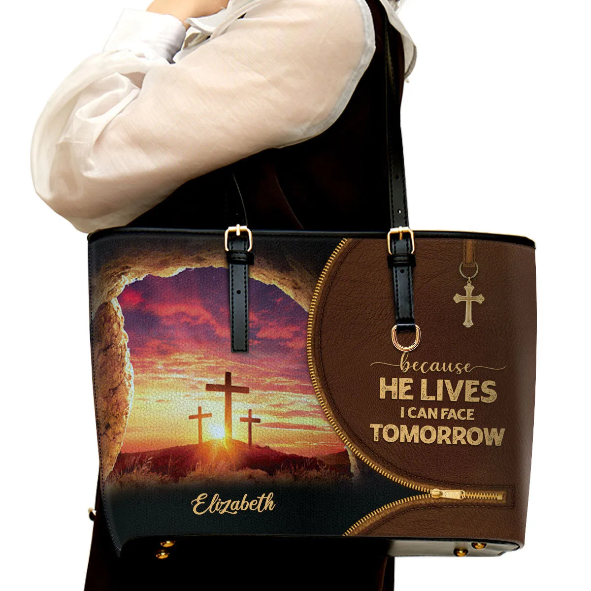 Because He Lives I Can Face Tomorrow Personalized Cross Leather Tote Bag - Christian Gifts For Women