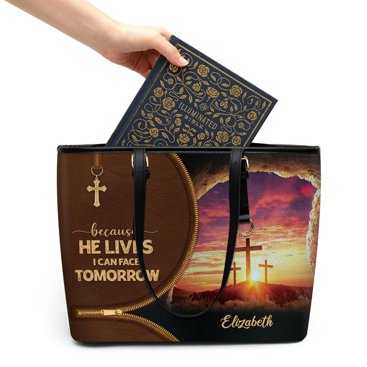 Because He Lives I Can Face Tomorrow Personalized Cross Leather Tote Bag - Christian Gifts For Women