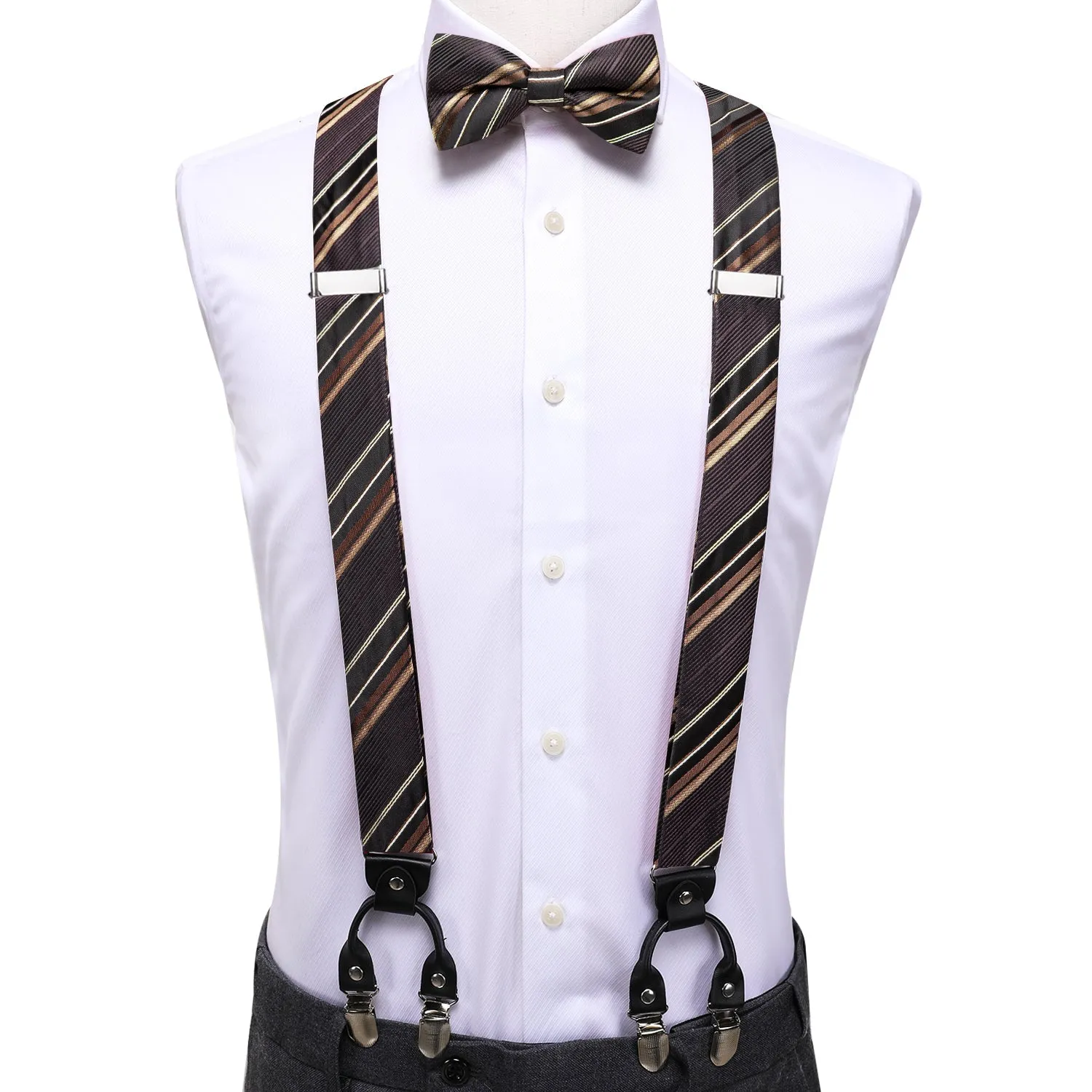 Black Brown Y Back Brace Clip-on Men's Suspender with Bow Tie Set