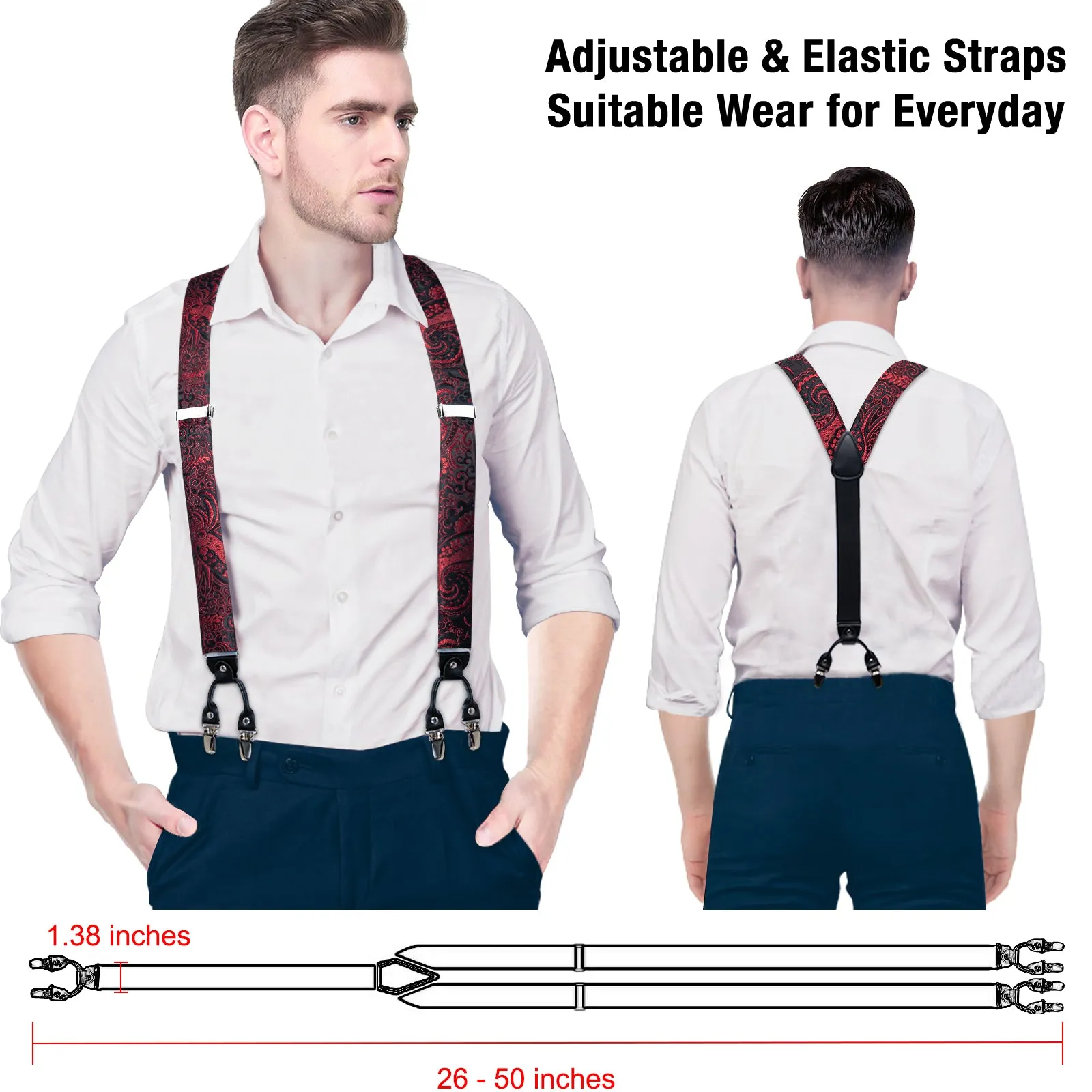 Black Red Paisley Y Back Brace Clip-on Men's Suspender with Bow Tie Set