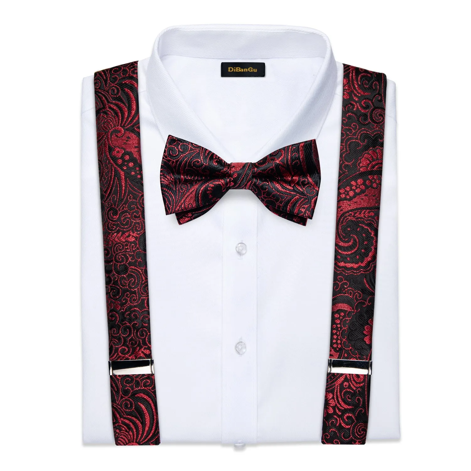 Black Red Paisley Y Back Brace Clip-on Men's Suspender with Bow Tie Set