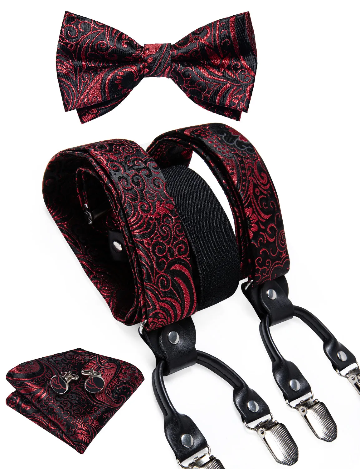 Black Red Paisley Y Back Brace Clip-on Men's Suspender with Bow Tie Set