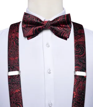 Black Red Paisley Y Back Brace Clip-on Men's Suspender with Bow Tie Set