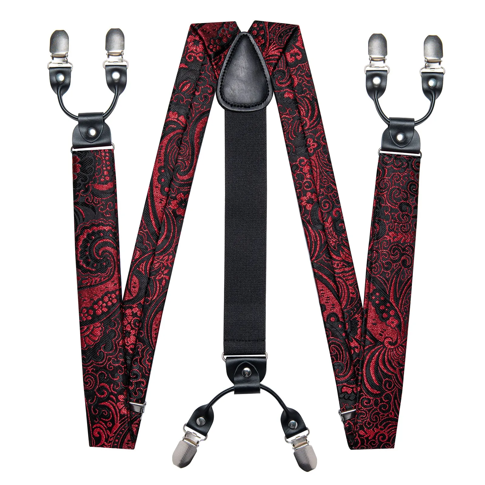 Black Red Paisley Y Back Brace Clip-on Men's Suspender with Bow Tie Set