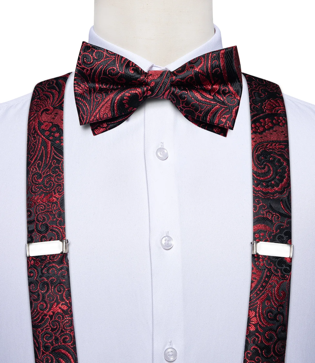 Black Red Paisley Y Back Brace Clip-on Men's Suspender with Bow Tie Set