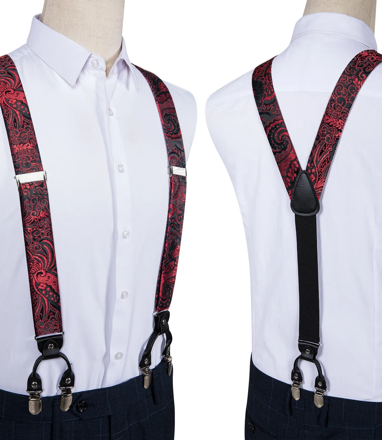 Black Red Paisley Y Back Brace Clip-on Men's Suspender with Bow Tie Set