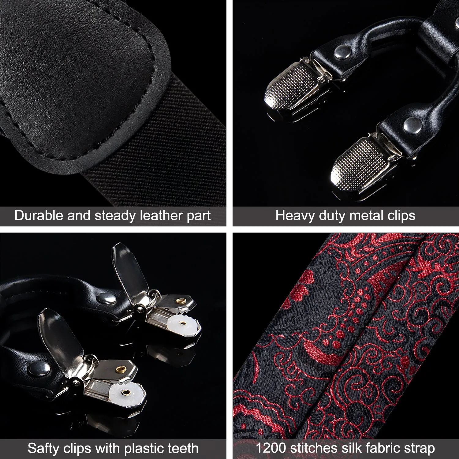 Black Red Paisley Y Back Brace Clip-on Men's Suspender with Bow Tie Set