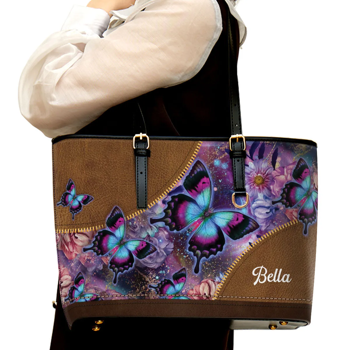 Butterfly Personalized Large Leather Tote Bag - Christian Gifts For Women