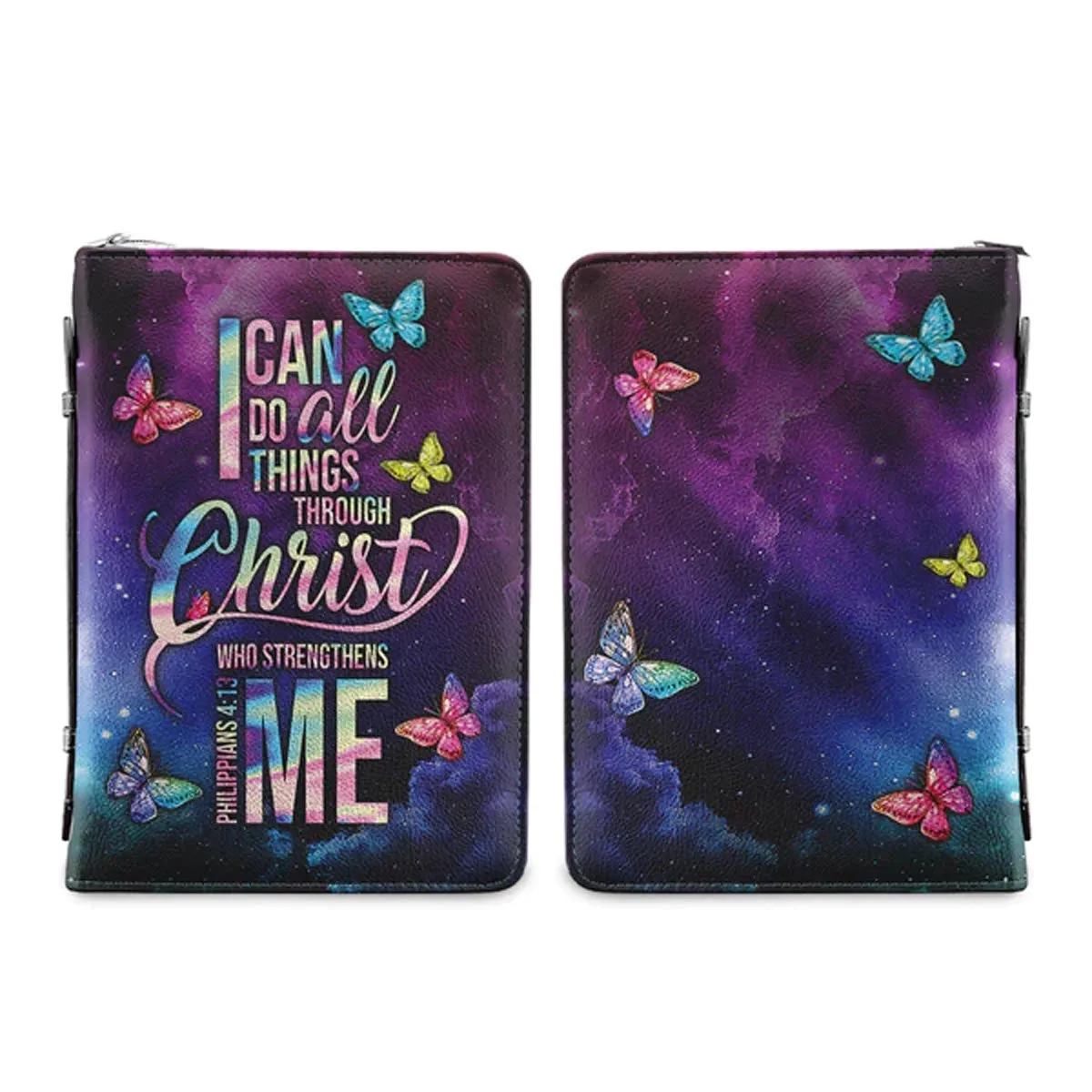 Christianart Bible Cover - Faith I Can Do All Things Through Christ Philippians 4:13 Butterfly Galaxy - Gifts For Women - Christmas Gift.