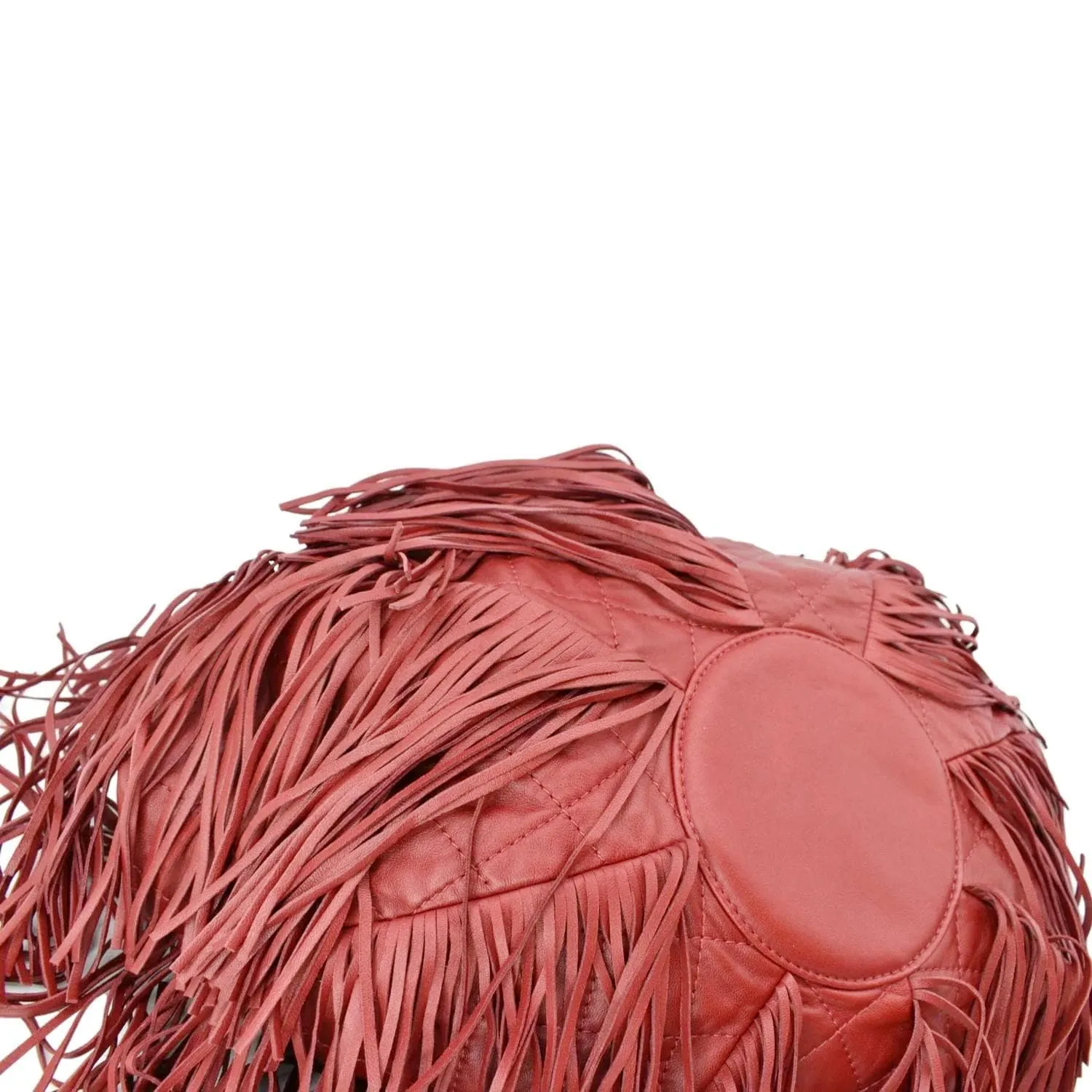 CL Paris Dallas Drawstring Fringe Leather Shoulder Bag Red