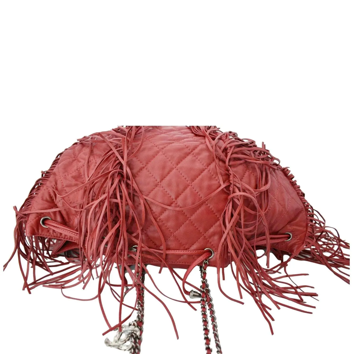 CL Paris Dallas Drawstring Fringe Leather Shoulder Bag Red