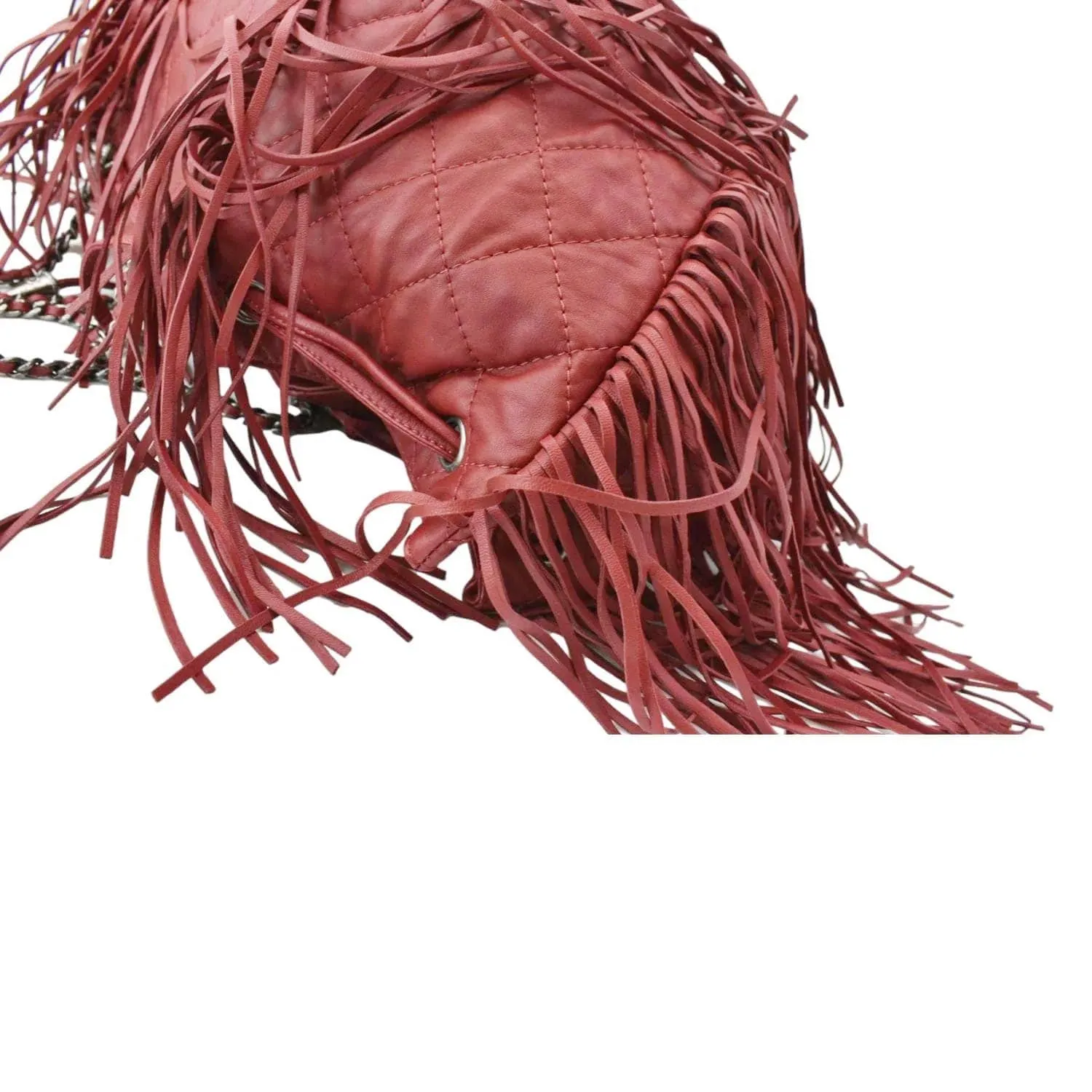 CL Paris Dallas Drawstring Fringe Leather Shoulder Bag Red