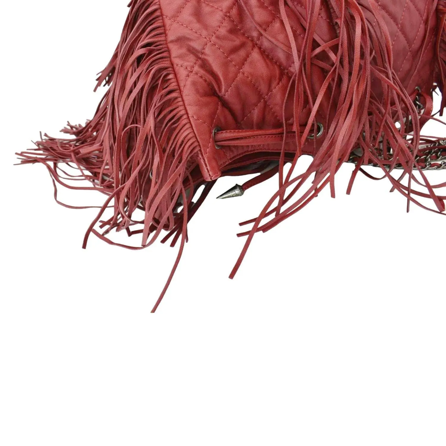 CL Paris Dallas Drawstring Fringe Leather Shoulder Bag Red