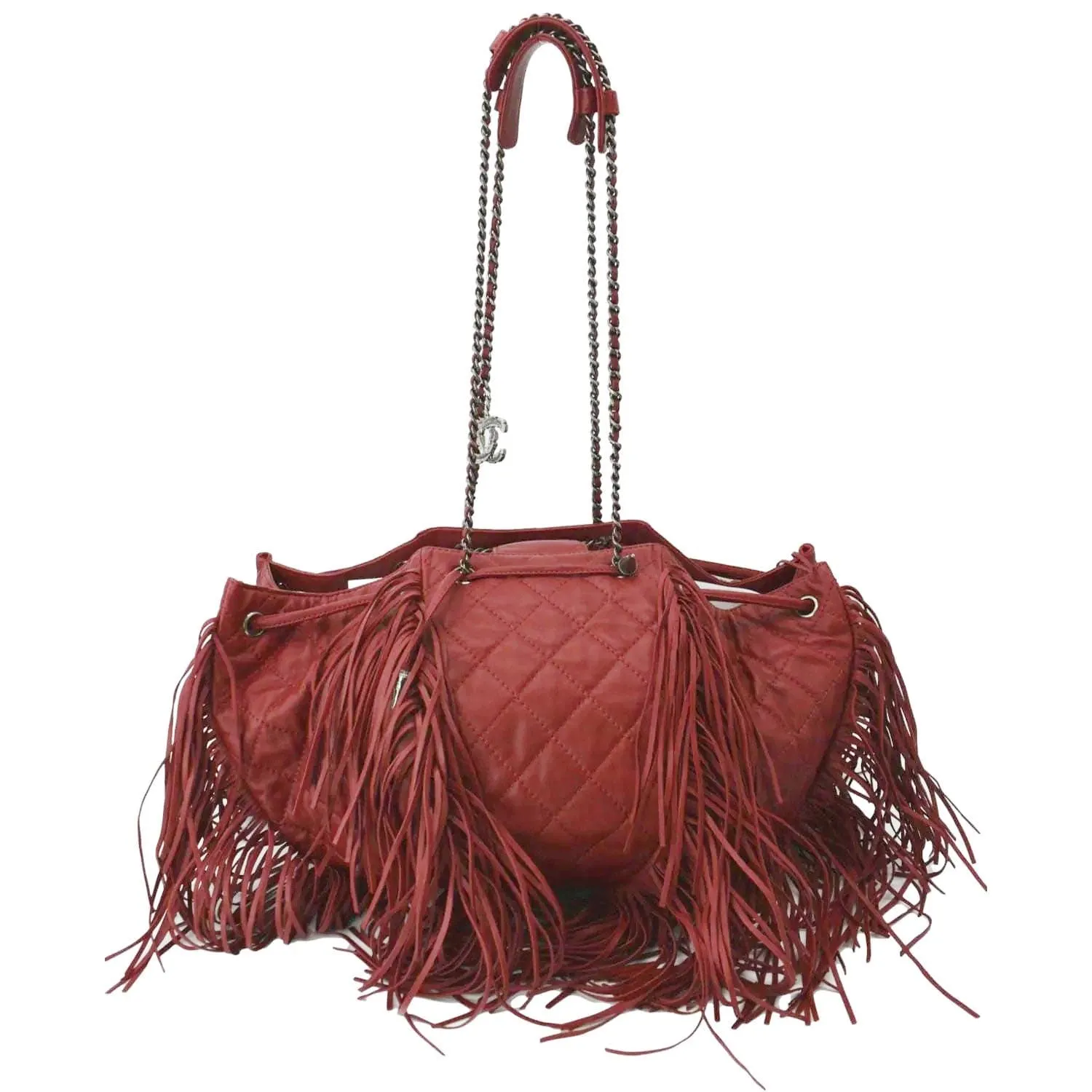 CL Paris Dallas Drawstring Fringe Leather Shoulder Bag Red