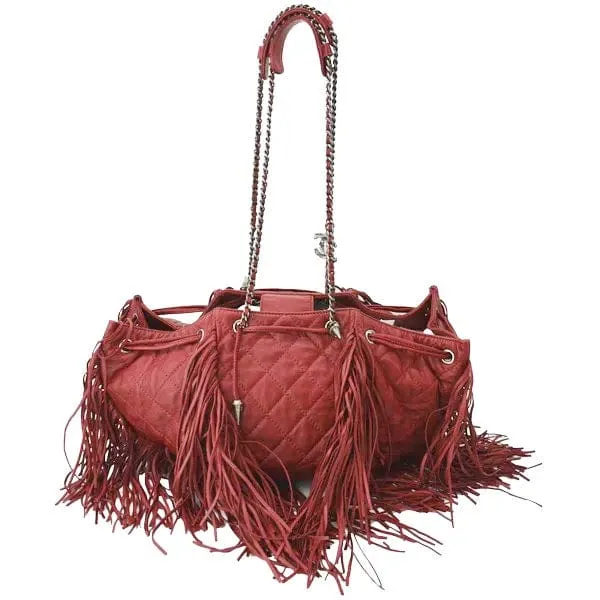 CL Paris Dallas Drawstring Fringe Leather Shoulder Bag Red