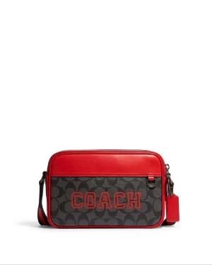 Coach Women's Black Antique Nickel & Charcoal & Bright Poppy Graham Crossbody In Signature Canvas With Varsity Motif