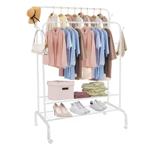 Garment Hanging Rack Clothing Hanging Rail Pillow Shoe Display Organizer Clothes Organizer Stand with 2 Rails 2 Shelves 4 Rolling Wheels 4 Hooks