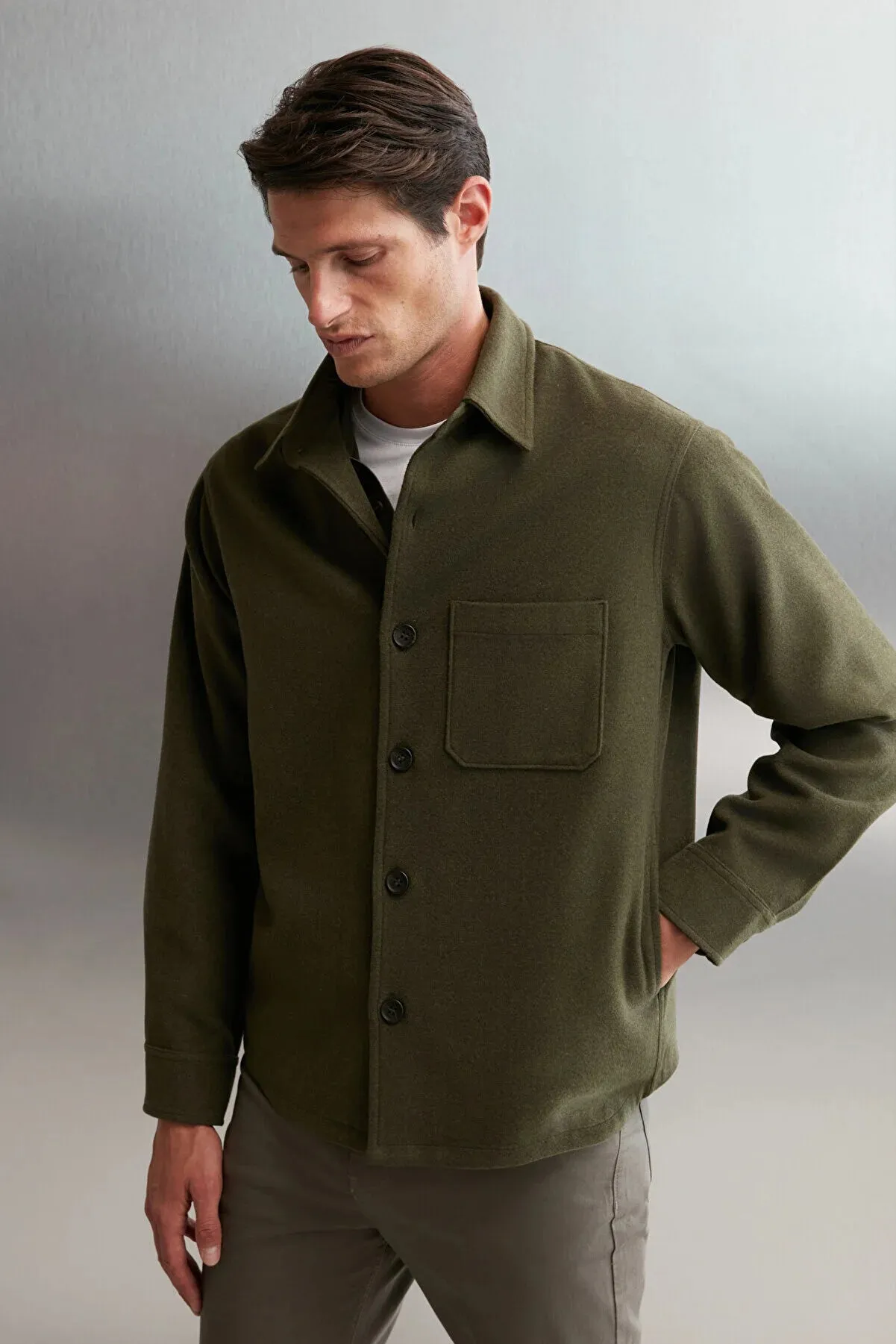 Grimelange Men's Khaki Regular Fit Thick Stitching Fabric Jacket