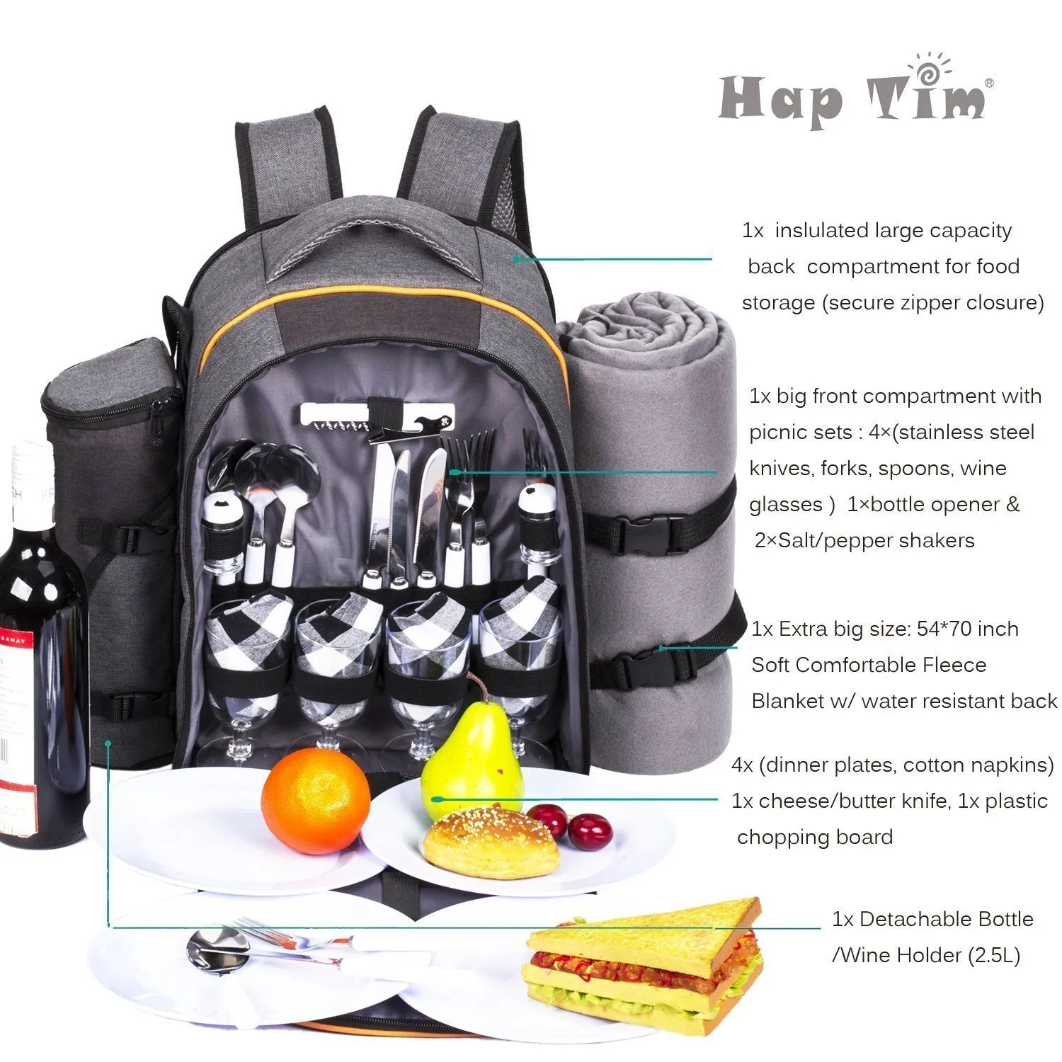 HapTim - 4 Person Picnic Backpack With Stainless Steel Utensils, Oversized Water Resistent Fleece Blanket ,Big Cooler Compartment, Detachable Wine Bottle Holder, Good for Picnic Time (Gray-Olive)