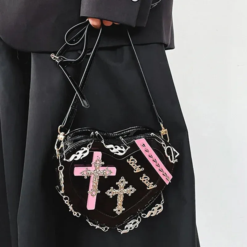 Heart-Shaped Metal Gothic Punk Shoulder Decoration Leather Crossbody Bag