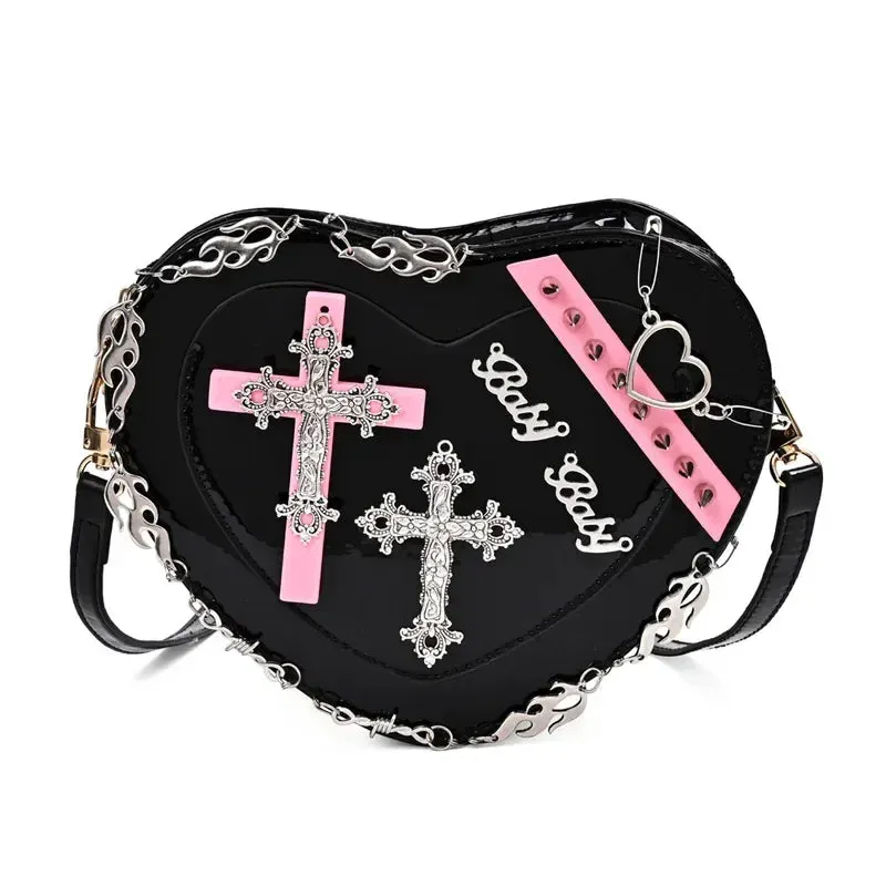 Heart-Shaped Metal Gothic Punk Shoulder Decoration Leather Crossbody Bag