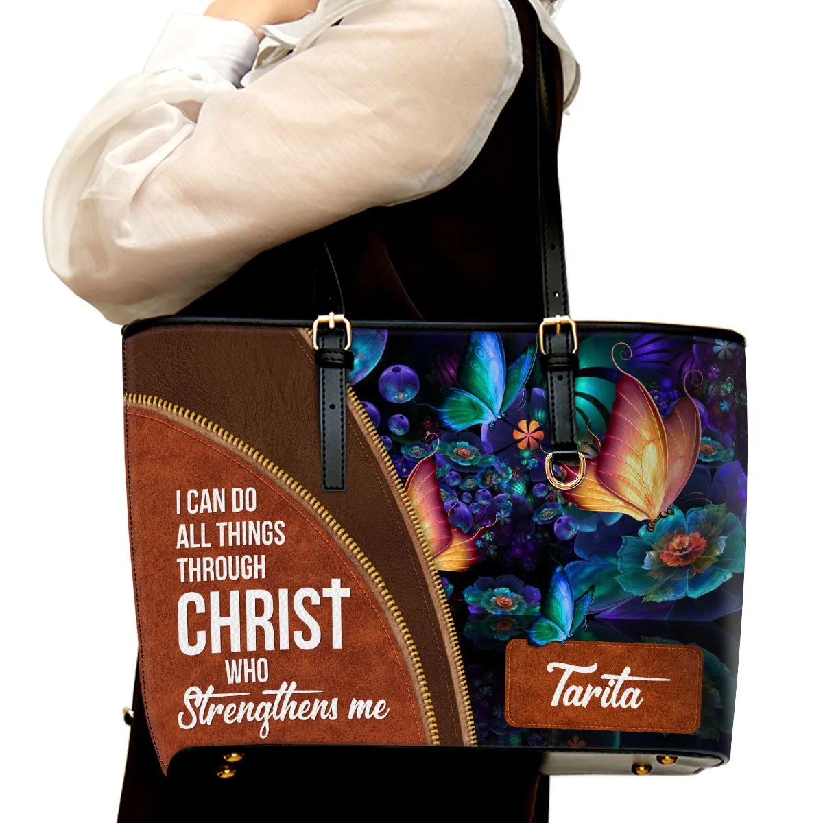 I Can Do All Things Through Christ Personalized Large Leather Tote Bag - Christian Inspirational Gifts For Women