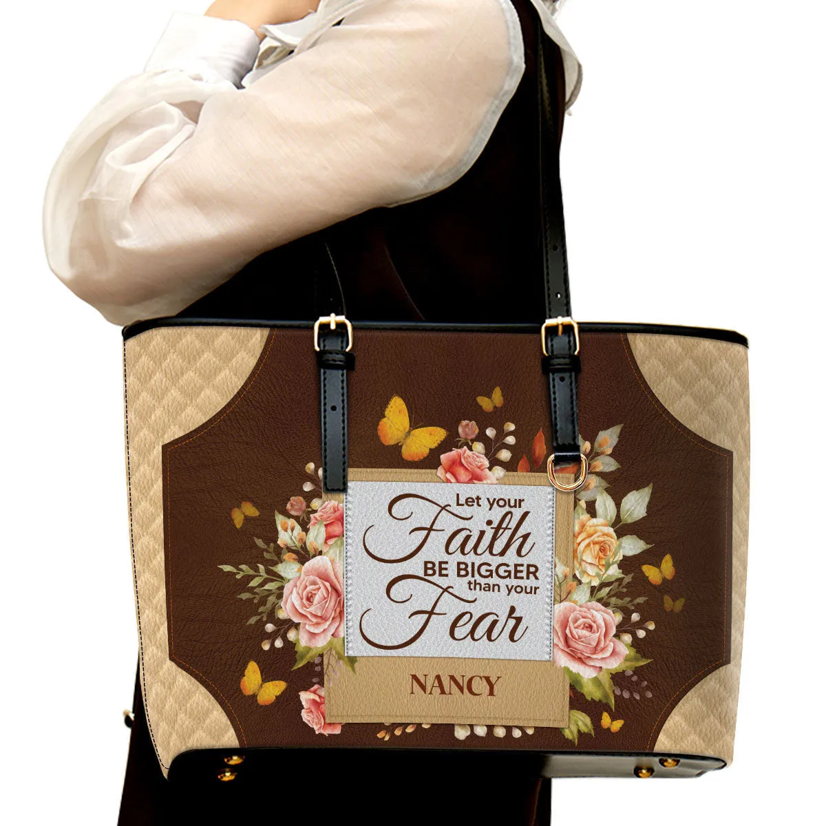 Let Your Faith Be Bigger Than Your Fear Personalized Pu Leather Tote Bag For Women - Mom Gifts For Mothers Day