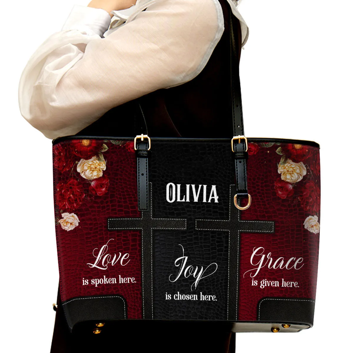 Love Is Spoken Here Personalized Large Leather Tote Bag - Christian Inspirational Gifts For Women