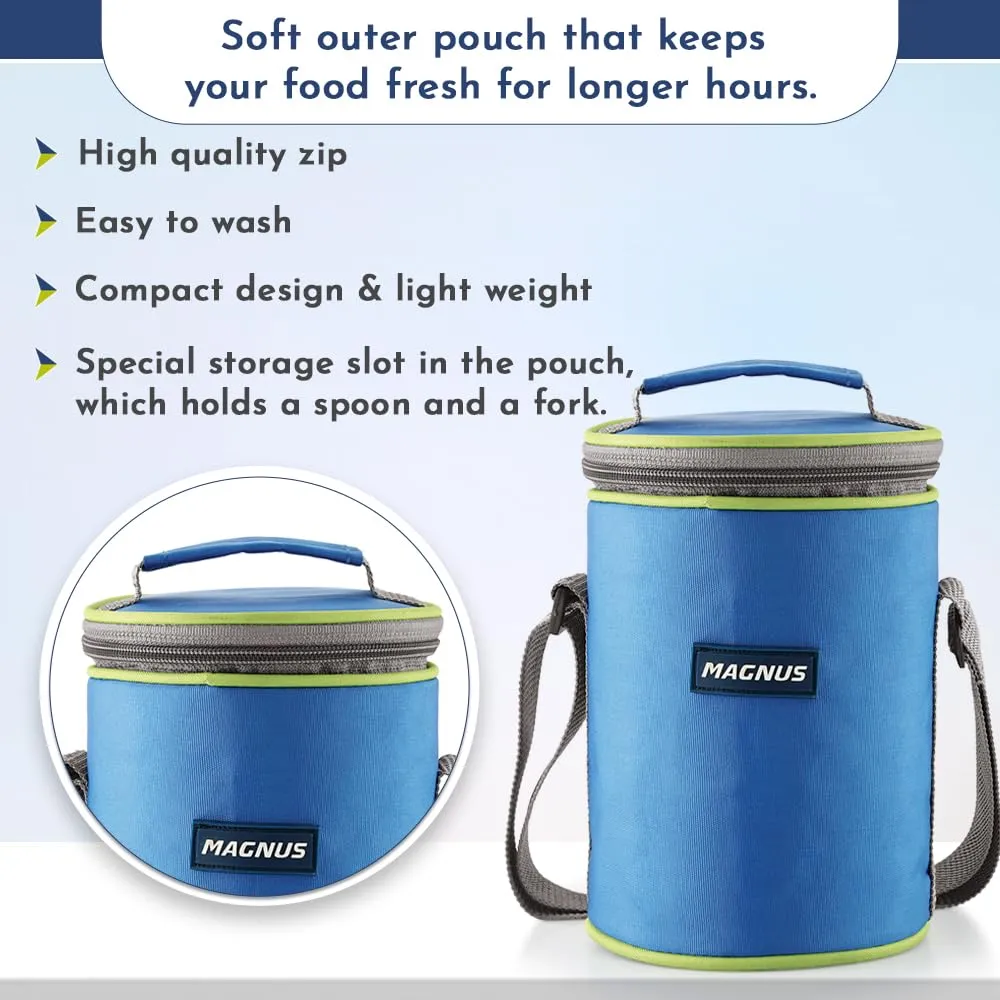 Magnus Aura 3 Deluxe Stainless Steel Lunch Box - Airtight & Leakproof Design with Insulated Cover - Ideal Lunch Box for Kids, Lunch Boxes for Office Men, Women - Premium Tiffin Container (Blue)