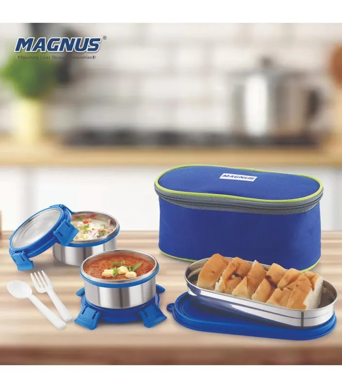 Magnus Avanza 3 Deluxe Prime Lunch Box Set | Stainless Steel, Airtight, Leakproof | Lunch Box for Kids | Lunch Boxes for Office Men | Insulated Cover, Roti Tiffin, Fork & Spoon