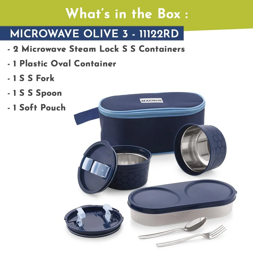 Magnus Microwave Olive 3 - Stainless Steel Lunch Box for Kids and Adults with 2 Steamlock Containers | Ideal Lunch Boxes for Office Men | Includes Roti Box, Steel Fork, and Spoon