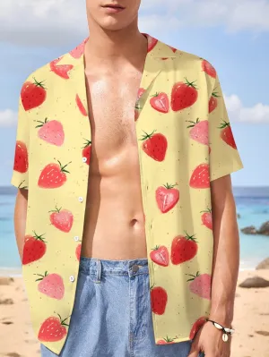 Manfinity Chillmode Manfinity Chillmode Strawberry Tropical Fruit Holiday Printed Men's Hawaiian Summer Beach Shirt