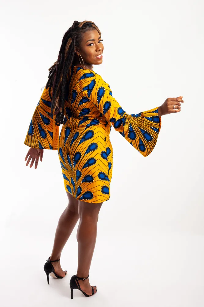 Mini Ankara Dress with bell sleeves embellished with Rhinestones