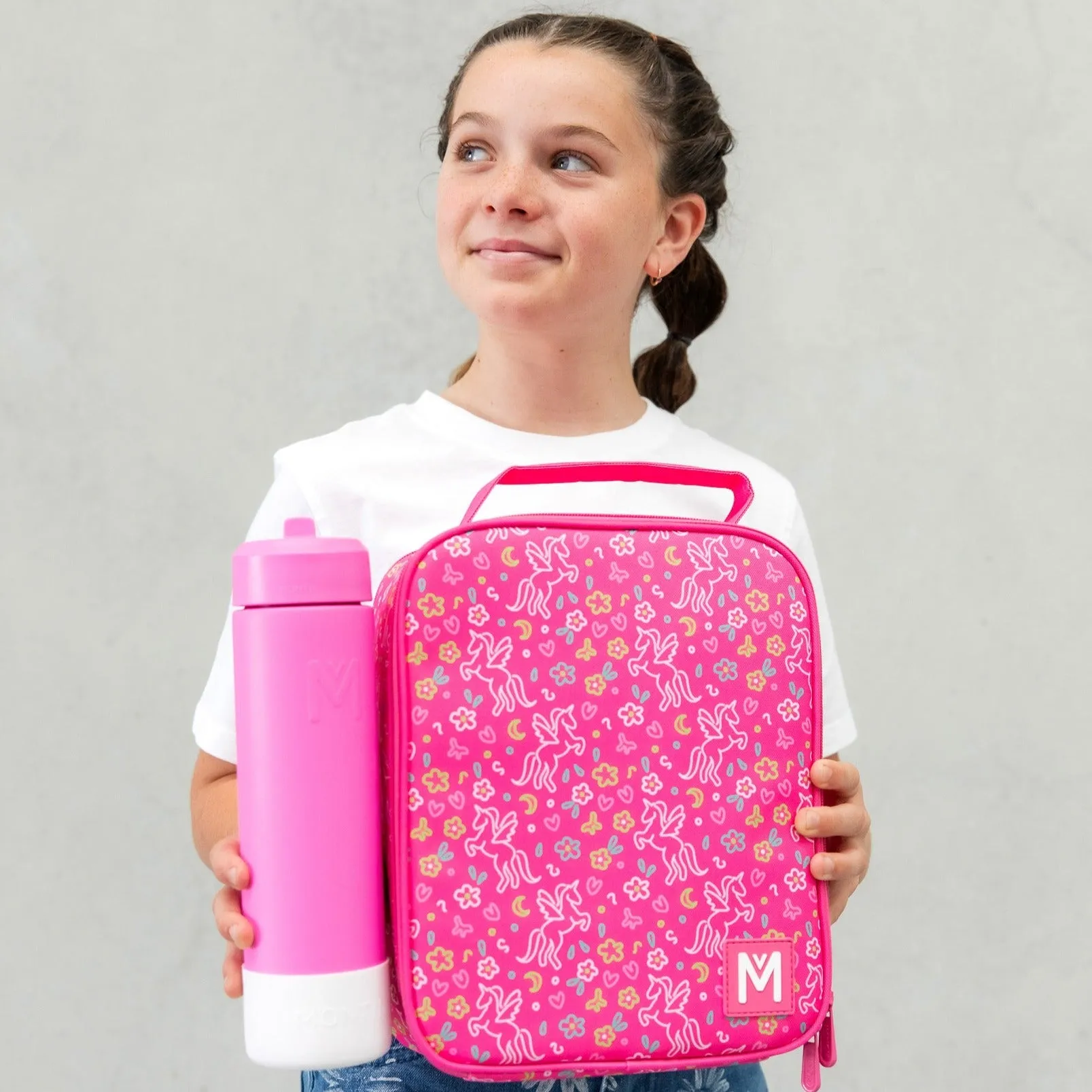 MontiiCo Large Lunch Bag & Sipper Bottle Bundle - Bonus Bumper! - Unicorn Magic Pink