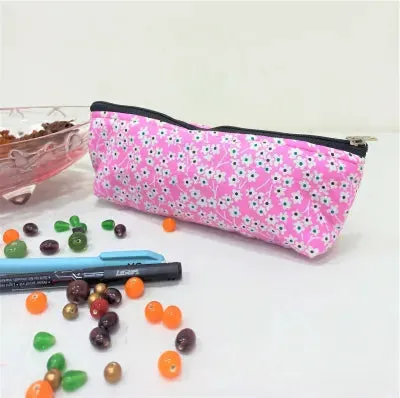 Pencil Pouches Pink with Green small dots Design.