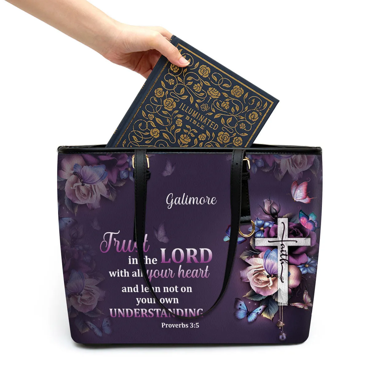 Personalized Large Leather Tote Bag Trust In The Lord With All Your Heart - Religious Gifts For Women Of God