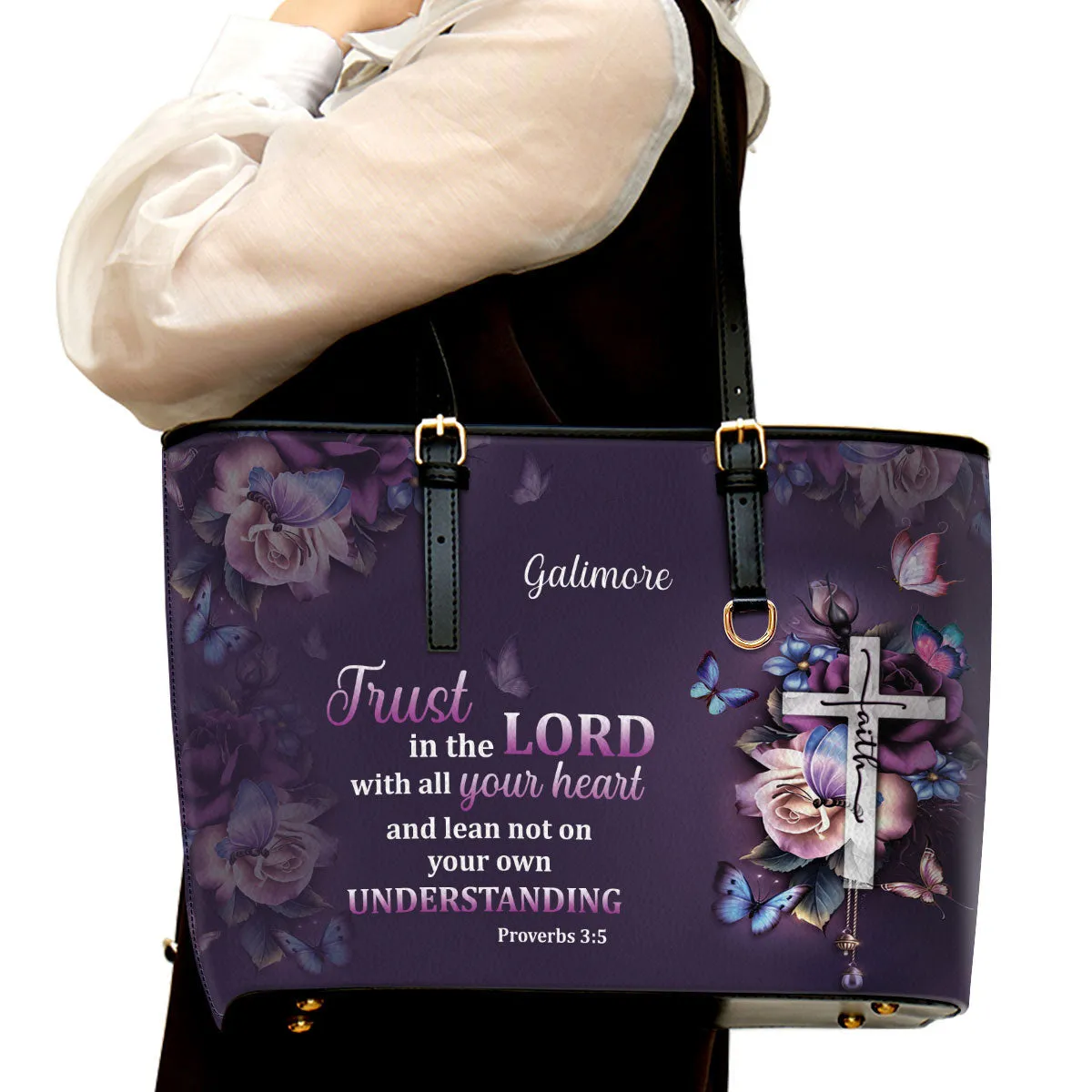 Personalized Large Leather Tote Bag Trust In The Lord With All Your Heart - Religious Gifts For Women Of God