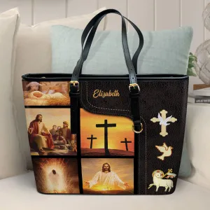 Picture of Jesus Personalized Large Leather Tote Bag - Religious Gifts For Women Of God