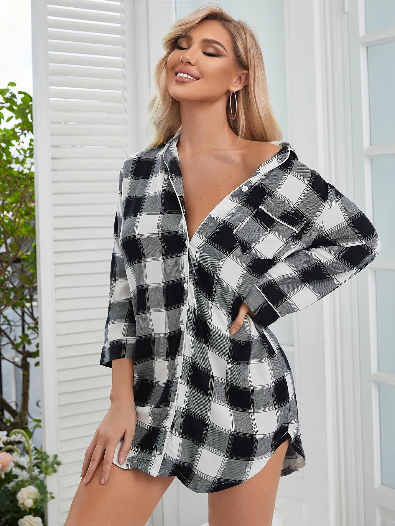 Plaid Lapel Collar Night Dress