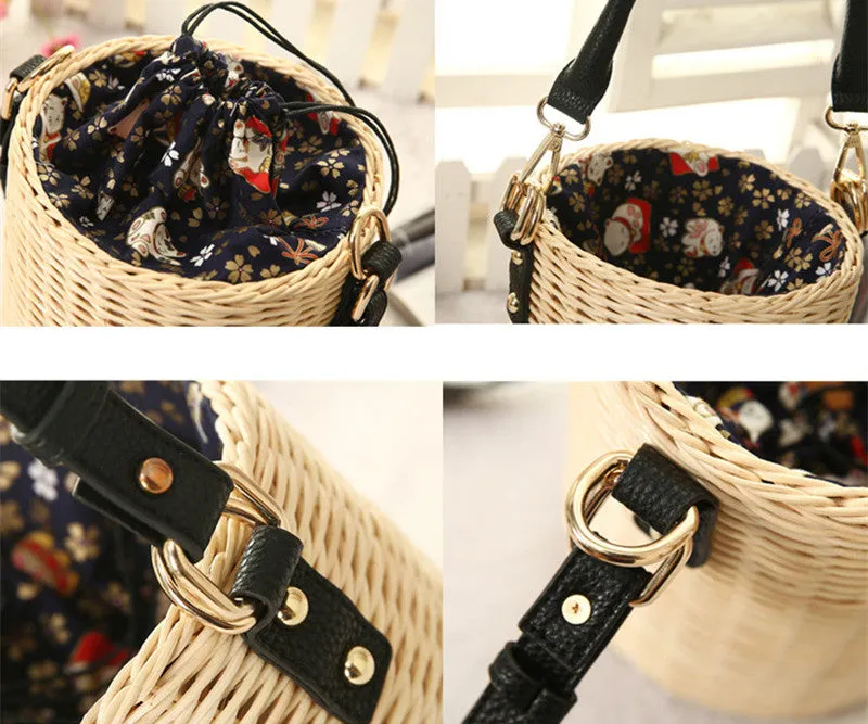 Rattan Bucket Lady Beach Handbag